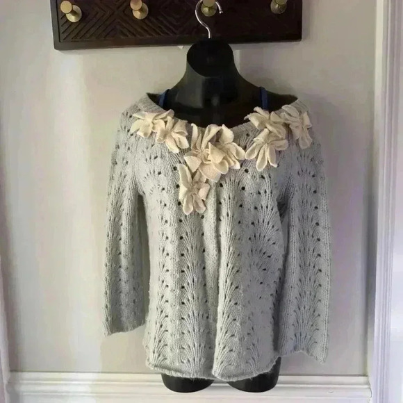 Field Flower Anthropologie XS Blue Knit 3D Starflower Angora Wool Cardigan - Picture 3 of 10
